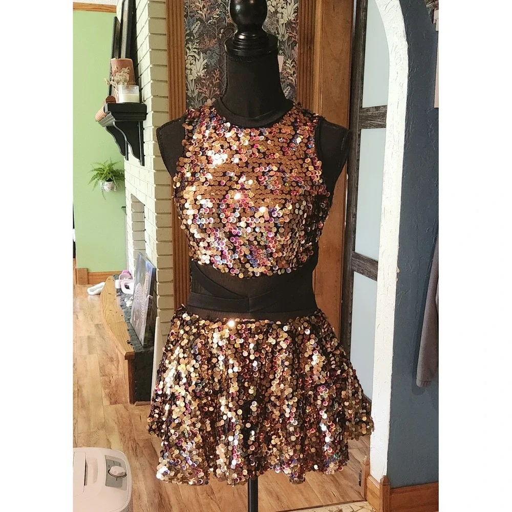 Gold Sequin Black Mesh DRESS Flare Skirt DANCE JAZZ Costume RC24605 XLC 26-30